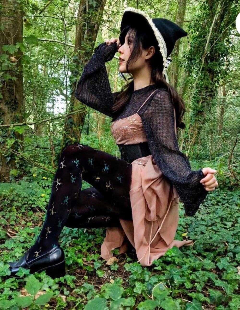 Snag Tights Frog Print Size F Black Teal Witchy Fairycore Goblincore Halloween